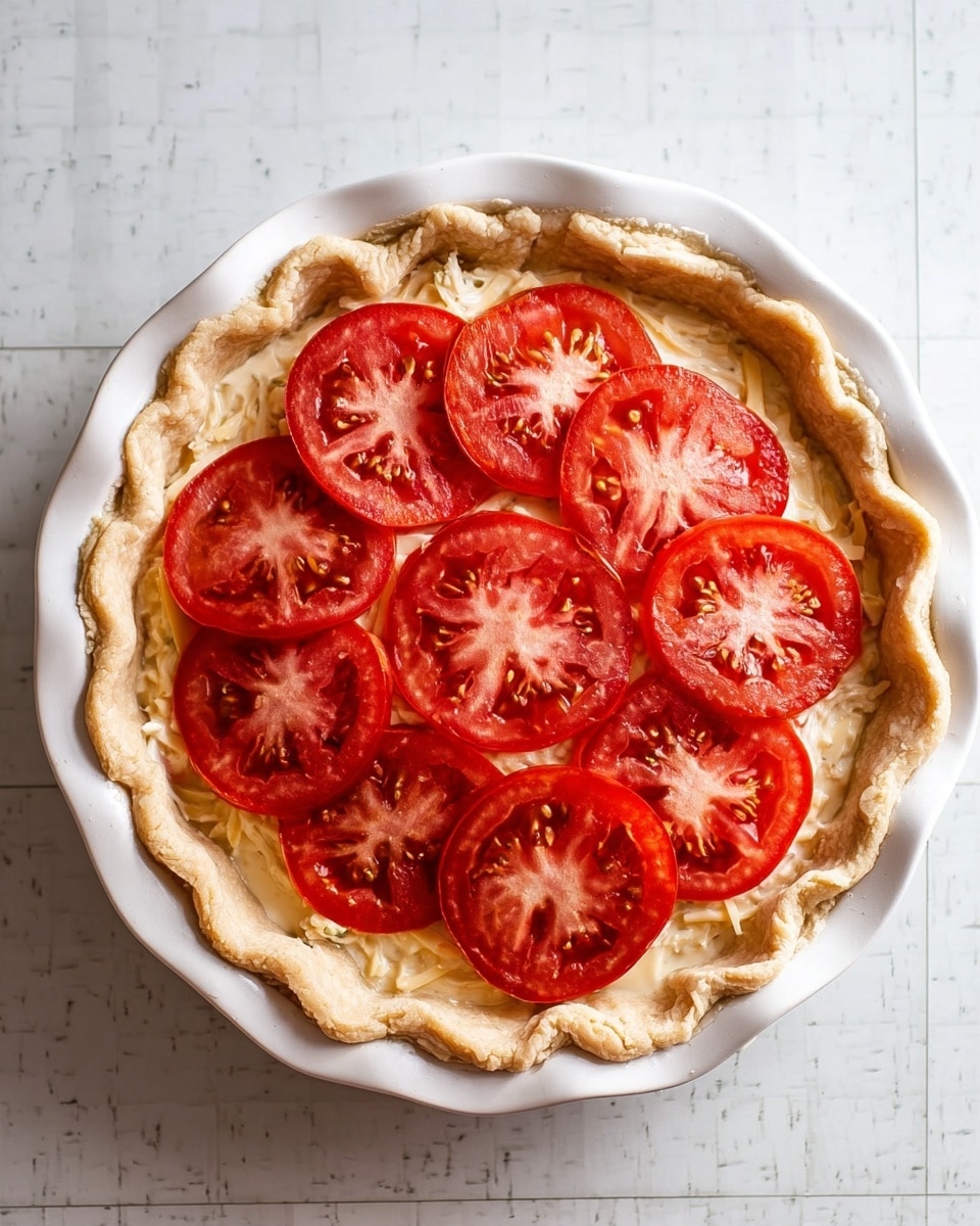 A white pie dish holds a layered pie with a golden-brown flaky crust forming the base and sides. Inside the crust, there is a thick layer of creamy chicken filling with visible bits of chicken and shredded white cheese. On top of this, there is an even layer of fresh, bright red tomato slices arranged neatly, covering the entire surface of the filling. The pie sits on a white marbled surface, emphasizing the colors and textures of the dish. Photo taken with an iphone --ar 4:5 --v 7