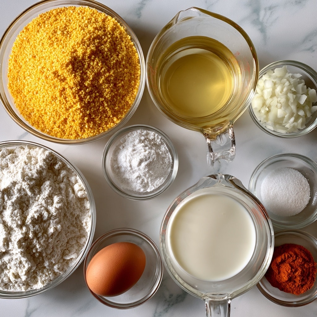 A top view of baking ingredients on a white marbled surface, arranged neatly. At the top left, a round clear bowl filled with bright yellow cornmeal with a grainy texture. To its right, a clear glass measuring cup holds light yellow vegetable oil, smooth and shiny. Next to it, a smaller clear bowl contains finely chopped white onions. On the bottom left, a round clear bowl filled with white all-purpose flour with a soft powdery texture. Below it, a small clear bowl holds a brown egg. Next to the egg is another small clear bowl with white baking powder, powdery and soft. Below the vegetable oil is a clear glass measuring cup filled with creamy white buttermilk. On the right side, two small clear bowls contain white salt and reddish-orange cayenne powder, both finely textured. Each ingredient is labeled with bold black text placed above or near the container. photo taken with an iphone --ar 4:5 --v 7