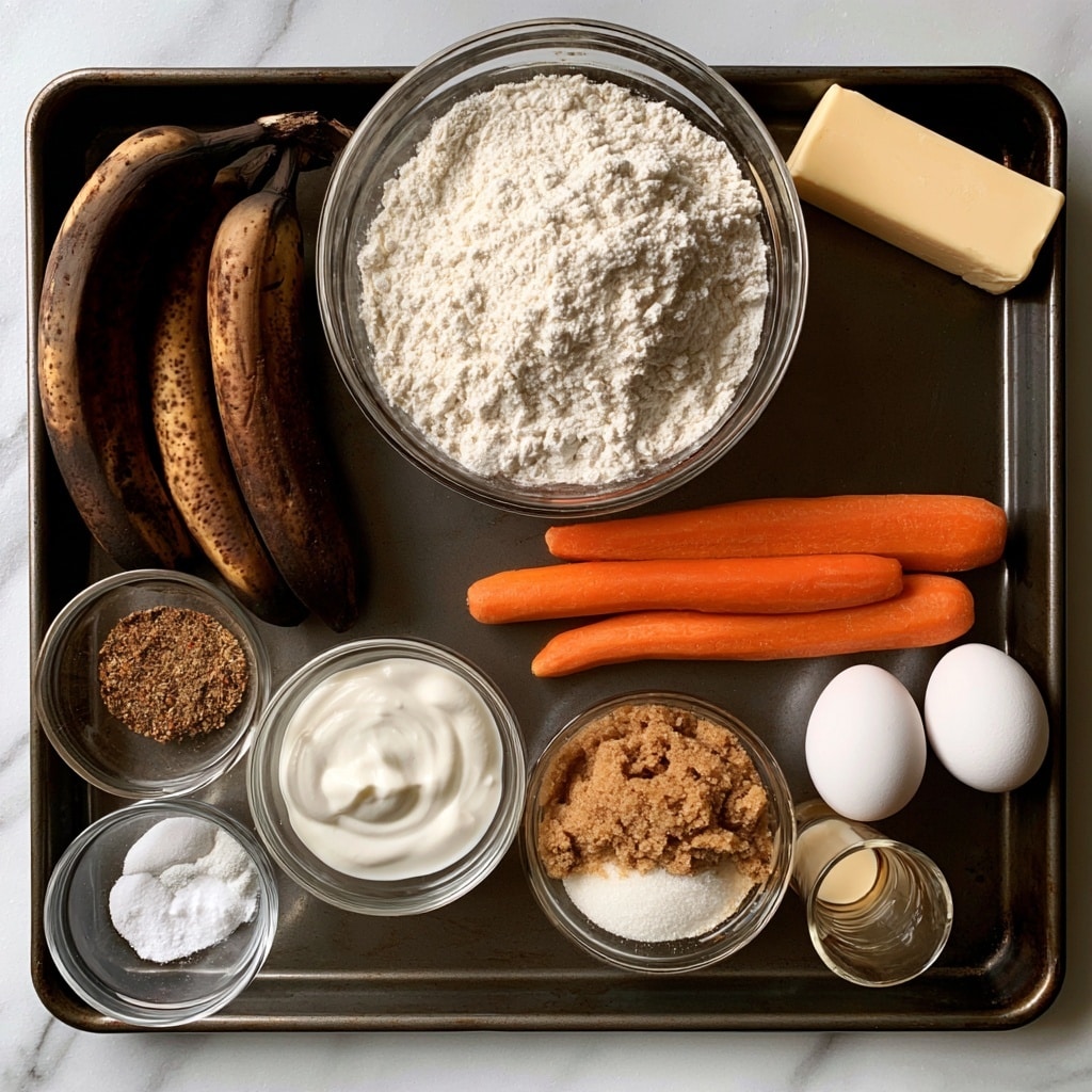 A dark metal tray holds several ingredients neatly arranged. On the left, there are four dark brown bananas with spots, next to a small clear glass bowl of mixed brown and light brown spices. Above this, a large clear glass bowl is filled with white flour. Near the bottom left, another clear bowl contains white sour cream, next to a smaller glass bowl with light brown brown sugar and white granulated sugar mixed together. There are three bright orange carrots placed horizontally to the right of the sugars. Two white eggs sit beside the carrots on the right side of the tray. At the bottom left, a small clear bowl contains white baking soda, baking powder, and salt. A small glass cup filled with a light vanilla liquid is near the carrots. At the top right corner of the tray is a rectangular block of pale yellow unsalted butter. The tray is set on a white marbled surface. Photo taken with an iphone --ar 4:5 --v 7