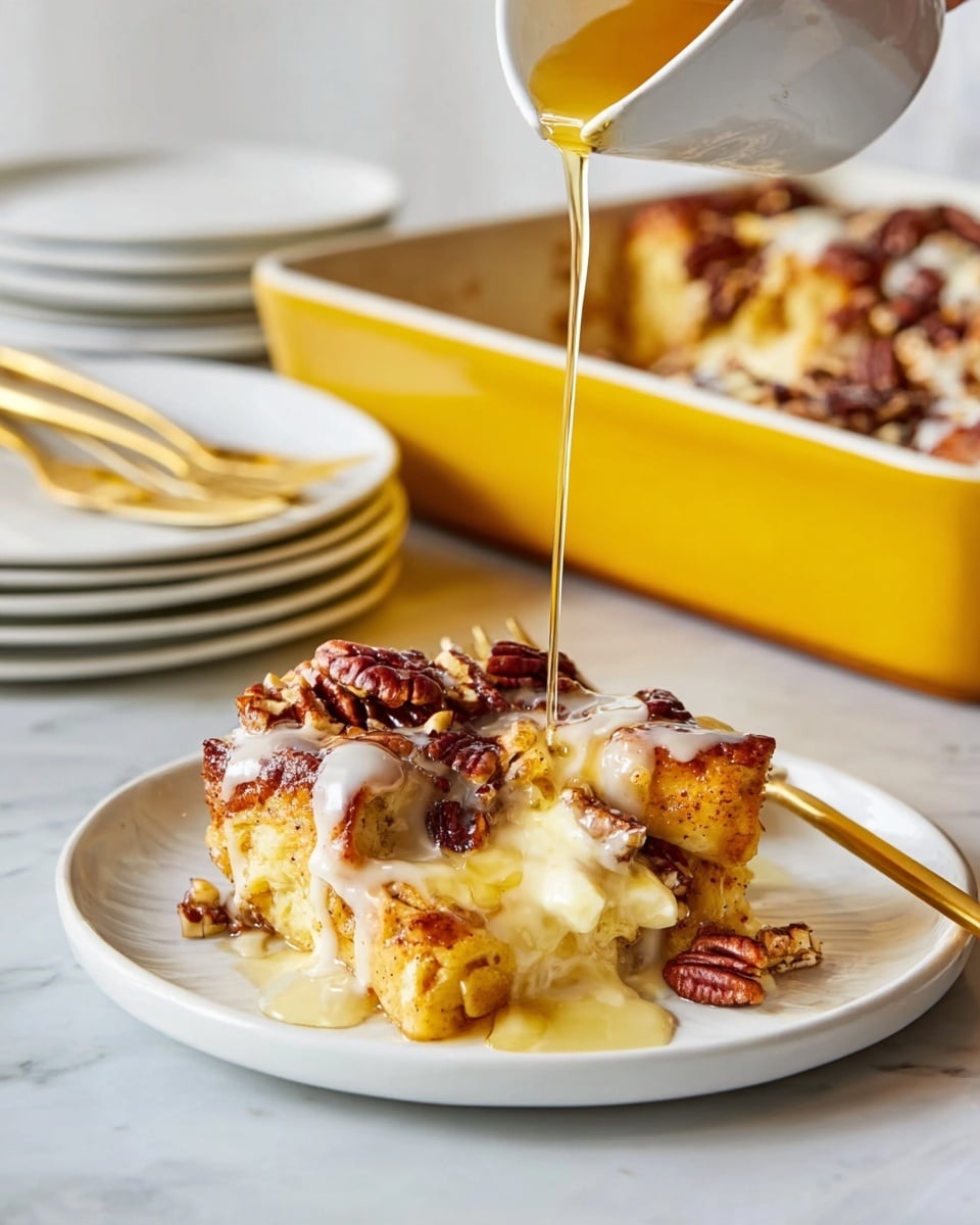 A white plate holds two pieces of golden-brown baked bread pudding with a soft, creamy inside texture. The top layer is drizzled with white icing and scattered with dark brown pecan nuts. A clear golden syrup is poured over the top, flowing slowly down the sides, adding a shiny, sticky look. In the background, a yellow baking dish holds more of the bread pudding, with a spoon resting inside. The scene is set on a white marbled surface with a stack of white plates behind, and two gold forks placed near the front. Photo taken with an iphone --ar 4:5 --v 7
