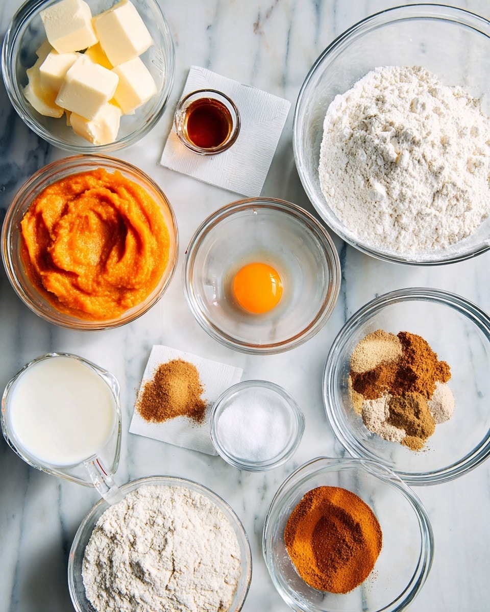 The image shows several clear glass bowls and a white paper with cubed butter placed on a white marbled surface. At the center is an egg with a bright orange yolk in a small glass bowl. Nearby is a bowl of bright orange puree with a smooth, thick texture. A larger bowl contains white flour with a measuring cup partially buried inside. Another glass bowl holds a mix of ground spices in brown and tan shades arranged separately. A small bowl of light brown sugar and a glass measuring cup filled with white milk are also present. Additionally, a tiny bowl contains white powder, and a small dish holds dark amber liquid, likely vanilla extract. photo taken with an iphone --ar 4:5 --v 7