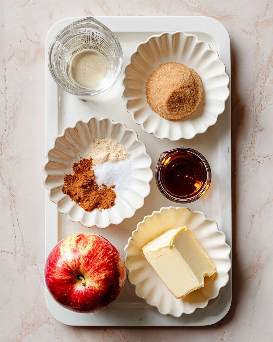 On a white rectangular tray placed on a white marbled surface, there are four small white scalloped dishes and one glass measuring cup. The top right dish holds a round mound of light brown sugar. Below it on the left, a dish contains two powders, a small pile of fine white salt and a larger pile of cinnamon spice in a warm brown shade. To the right of this dish, a small glass container holds dark amber maple syrup. Below, another scalloped dish holds two thick slices of creamy pale butter. At the bottom left corner of the tray, a large red and yellow apple rests partially on the tray. The glass measuring cup at the top left contains a small amount of clear liquid. The photo taken with an iphone --ar 4:5 --v 7