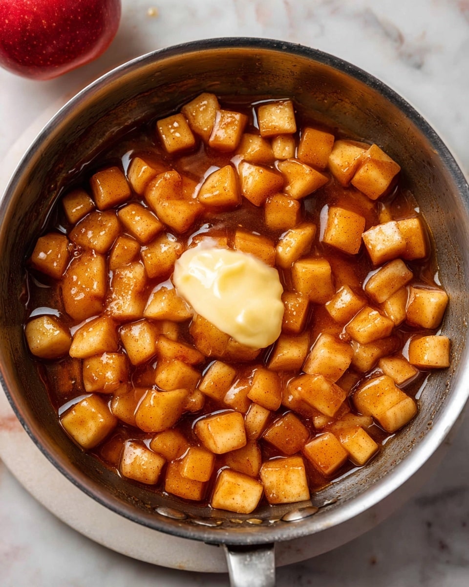 A metal pan filled with many small cubes of cooked apples that have a warm brown color from cinnamon and sugar, sitting in a glossy syrupy liquid. On top of the apple cubes, there is a smooth, pale yellow dollop of melted butter. The pan is placed on a round white marble board which rests on a white marbled surface. Part of a red apple is visible at the top left corner of the image. Photo taken with an iphone --ar 4:5 --v 7