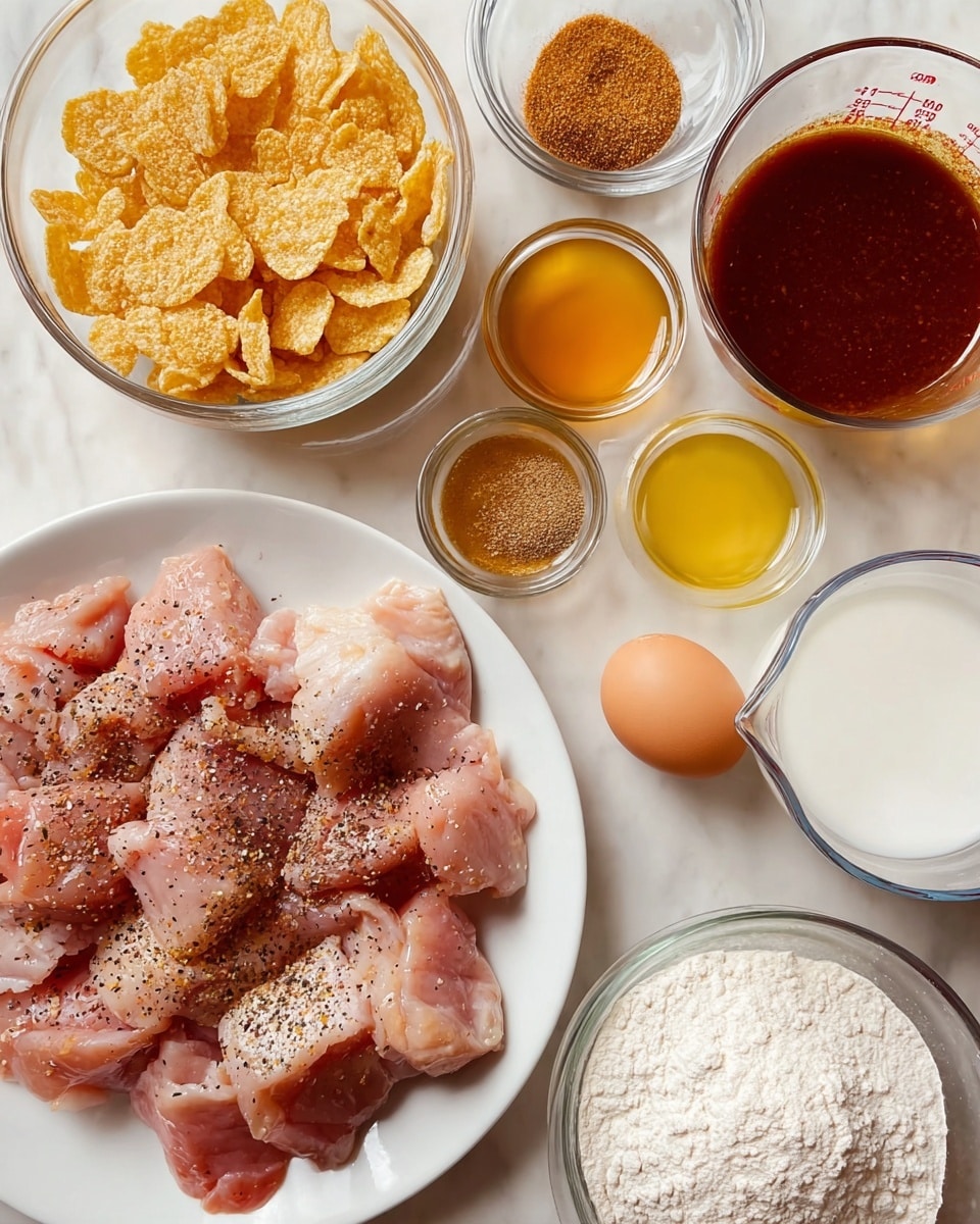 A white plate holds many raw pink chicken pieces sprinkled with black pepper, placed on a white marbled surface. Above it to the left is a clear glass bowl filled with light golden cornflakes. Near the center, a small clear bowl contains light brown spice mix. To the right of this spice bowl are three small clear bowls with light yellow, amber, and pale yellow liquids stacked vertically. A dark brown bowl filled with thick, dark reddish-brown sauce is at the top right. Below the bowls is a clear measuring cup filled with white liquid, likely milk or cream. A clear bowl of white flour is visible at the bottom right. A single brown egg rests near the bowls. Photo taken with an iphone --ar 4:5 --v 7