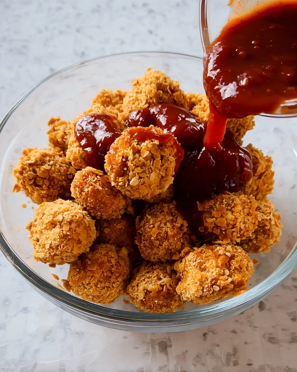 A clear glass bowl filled with golden brown crispy balls that have a rough, crumbly texture, likely from a crunchy coating. The balls are piled in a heap, and a thick, shiny dark red sauce is being poured over them from the right side, partially covering some of the balls. The background is a white marbled surface. Photo taken with an iphone --ar 4:5 --v 7