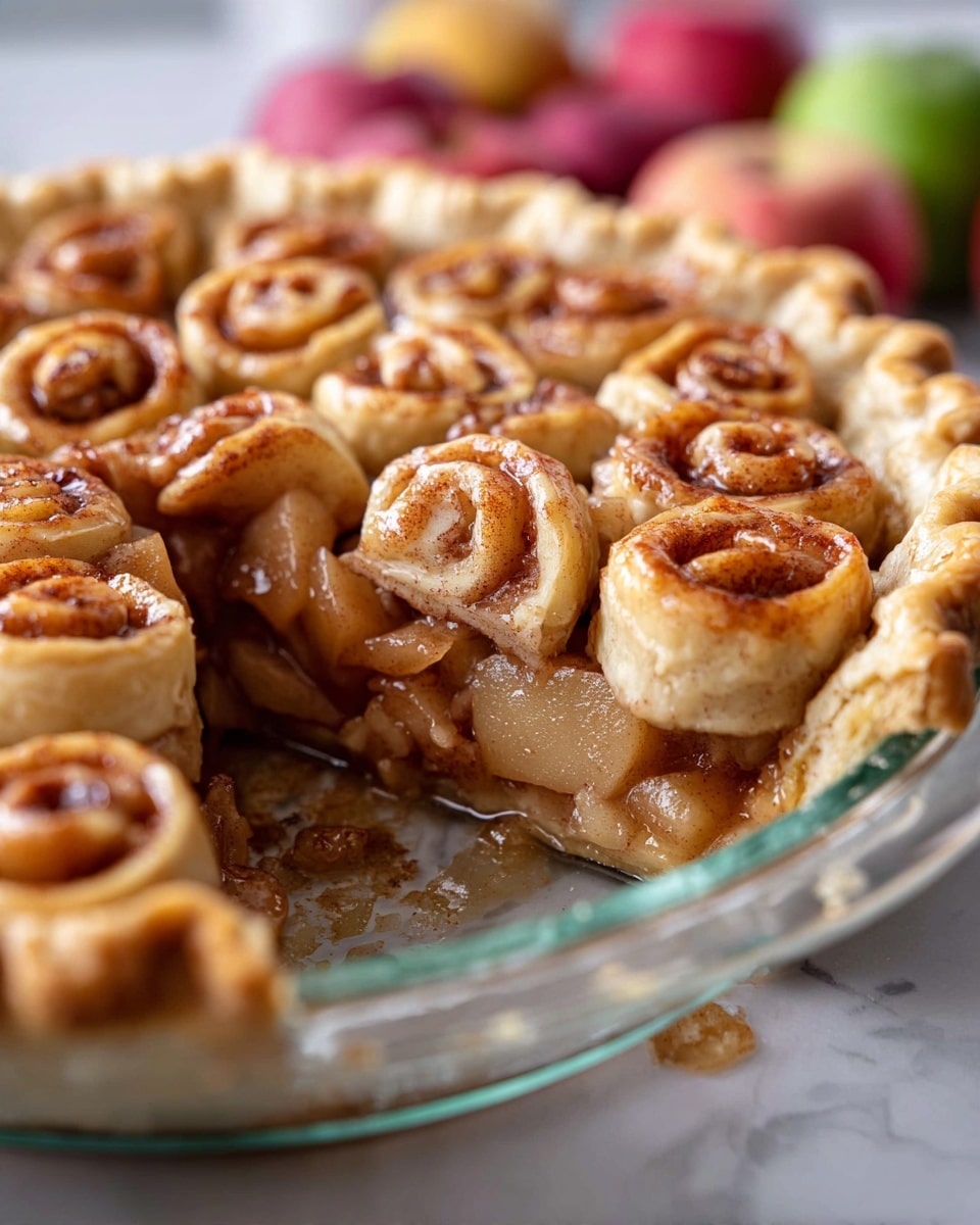 A close-up of a cut apple pie in a clear glass pie dish showing three visible layers, the bottom layer is a golden, flaky crust with a crimped edge, the middle layer is soft, cooked apple slices coated with a shiny cinnamon sauce, and the top layer is made up of small cinnamon roll-like spirals with a golden brown baked surface arranged tightly together, with a blurred white marbled surface under the dish and colorful apples blurred in the background, photo taken with an iphone --ar 4:5 --v 7