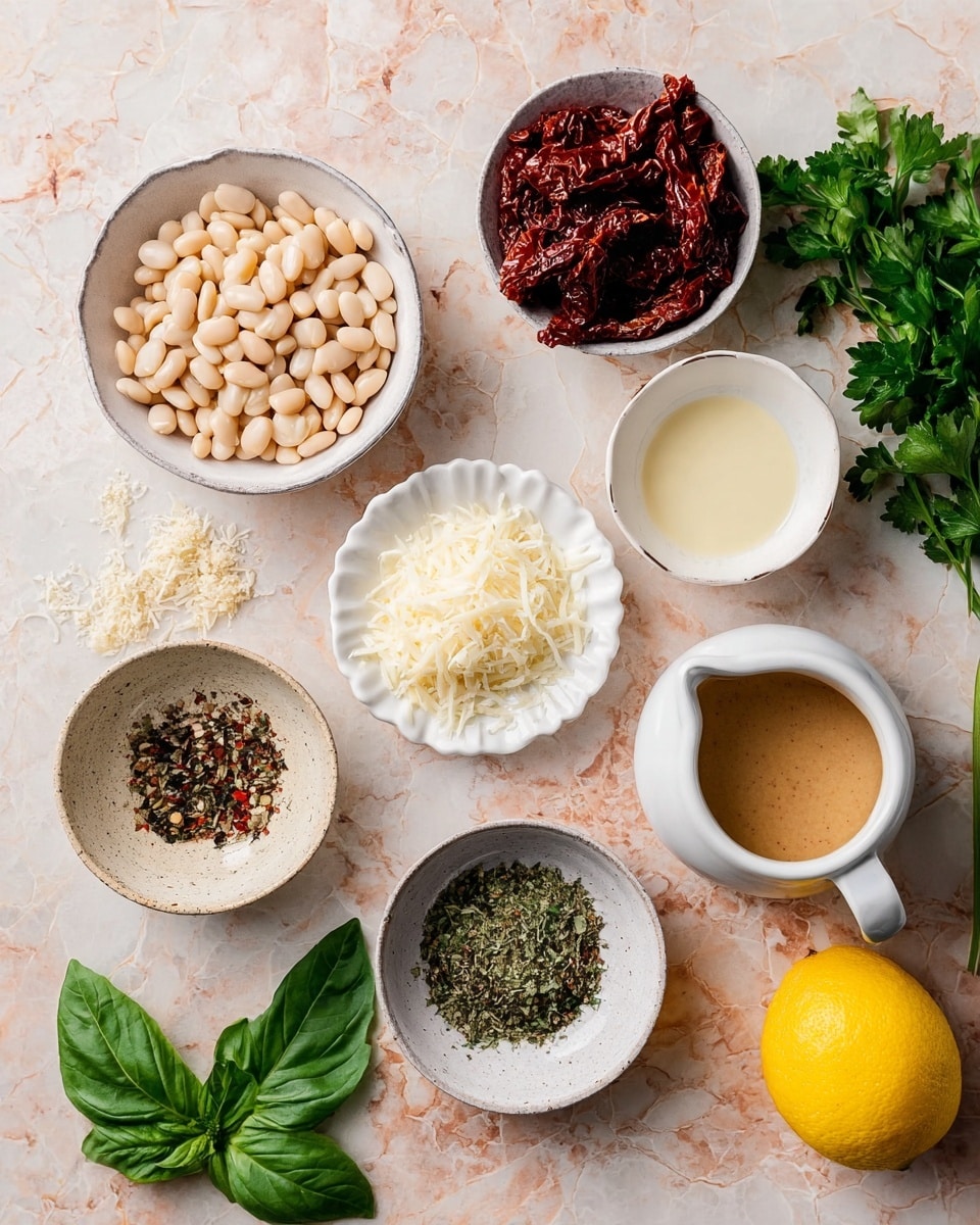 The image shows small white dishes arranged on a white marbled surface, each holding different ingredients. There is a small white bowl filled with light beige beans, a white scalloped bowl with white shredded cheese, and another small white bowl with a pale creamy liquid. A round bowl contains minced or grated garlic, while a cracked-white bowl holds a mix of dried herbs and spices in green, black, red, and white colors. Nearby, a white ceramic jug contains a brown creamy sauce. Dark red sun-dried tomatoes are on a small white plate. Bright green fresh basil and parsley leaves are placed around the bowls, and a whole yellow lemon rests on the surface to the side. Photo taken with an iphone --ar 4:5 --v 7