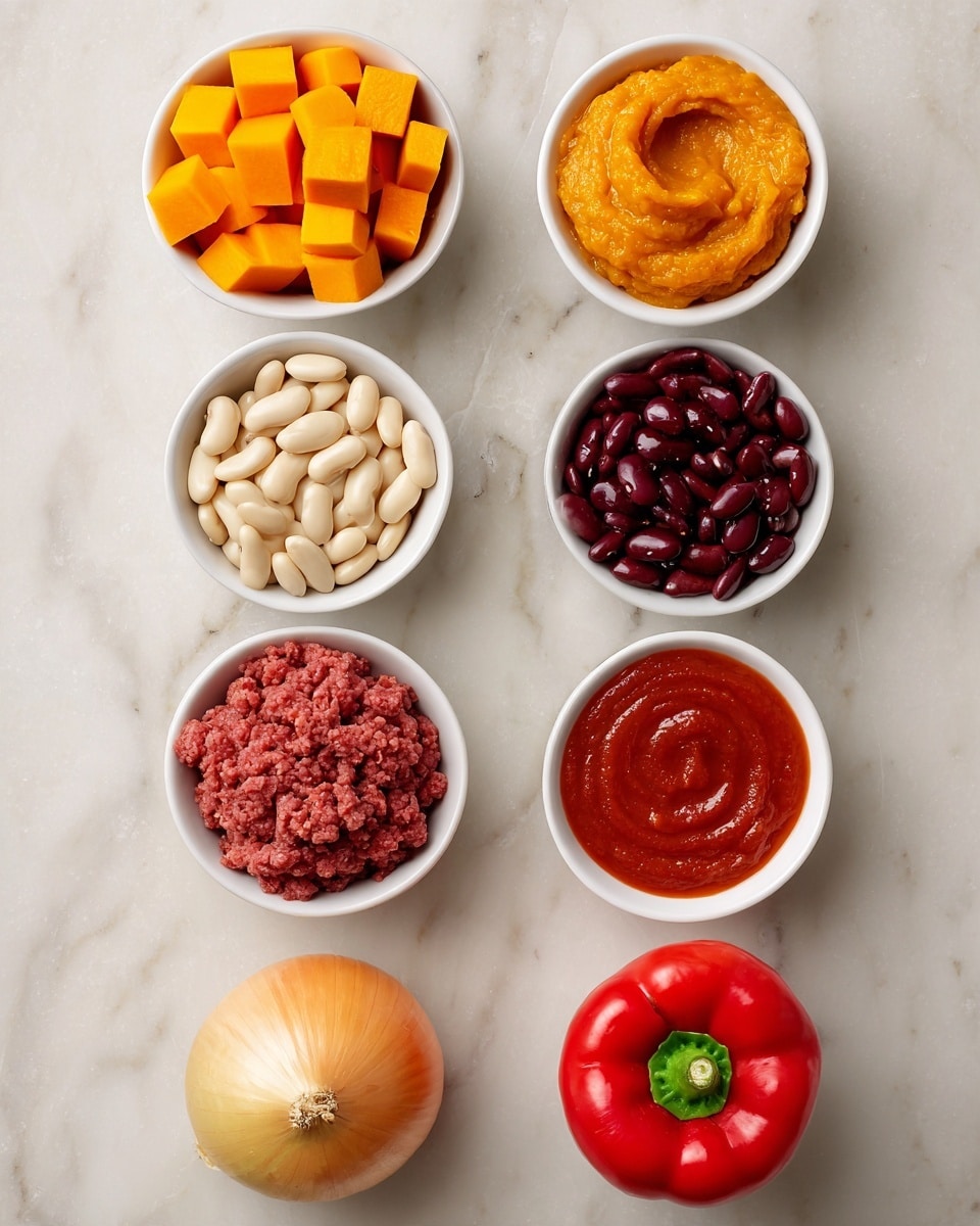 The image shows seven white bowls and two vegetables arranged in three vertical columns on a white marbled surface. The first column has three bowls and one vegetable, from top to bottom: bright orange pumpkin cubes with a smooth texture, thick orange pumpkin puree with a swirled surface, pale cream white beans with a shiny finish, and a whole yellow onion with a smooth skin and a small root at the bottom. The second column has three bowls, from top to bottom: ground beef in a mound with a deep reddish-pink color and stringy texture, dark red kidney beans that are shiny and plump, and thick tomato sauce with a smooth bright red surface and a spiral swirl in the middle. The third column shows a single bright red bell pepper with a glossy skin and a short green stem. Each bowl is filled to the top and evenly shaped. The bowls and vegetables are neatly placed, creating an organized and colorful arrangement photo taken with an iphone --ar 4:5 --v 7