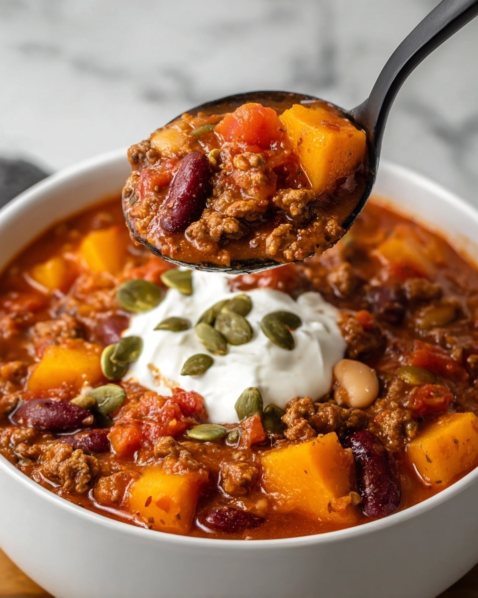 A white bowl filled with thick chili, showing chunks of orange butternut squash, dark red kidney beans, small white beans, and ground meat in a rich red sauce. On top of the chili is a dollop of white sour cream with green pumpkin seeds scattered over it. A black ladle lifts a serving of chili, revealing the chunky and hearty texture with visible steam rising. The whole scene is set on a white marbled surface. Photo taken with an iphone --ar 4:5 --v 7