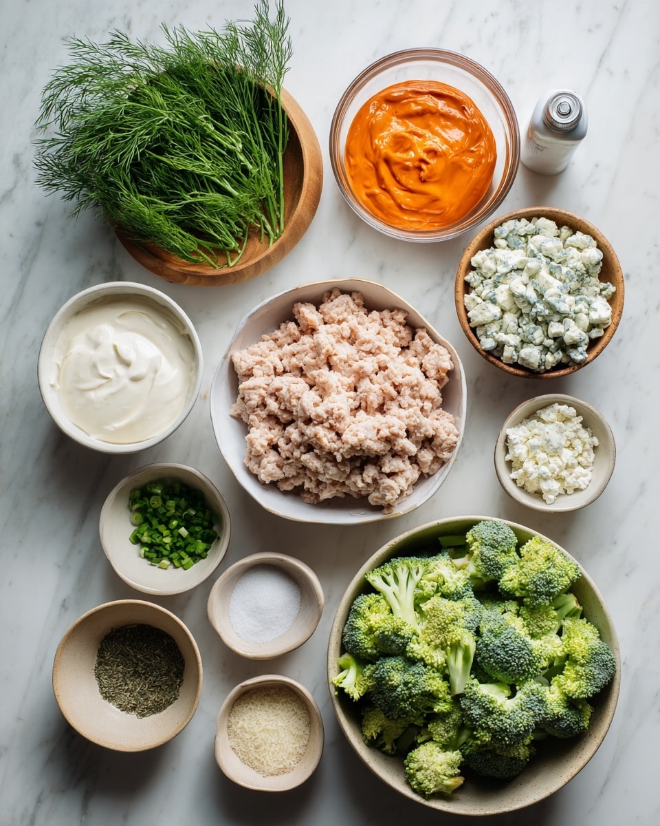 The image shows several ingredients arranged on a white marbled surface. On the top left, fresh bright green dill is placed in a round light brown bowl. To its right, a small clear glass bowl with bright orange buffalo sauce sits in the middle. Further right, there is blue cheese crumbles in a light brown bowl. Below the sauce, a white bowl lined with parchment paper holds light pink ground chicken. Next to it on the left, a small beige bowl contains chopped dark green chives. Below the chives, a small clear bowl contains white salt. Below the salt, another light brown bowl holds light beige garlic powder. Below these smaller bowls, a large light brown bowl is filled with bright green broccoli florets. On the bottom right, there is a small bowl with dried dill, another bowl with thick white Greek yogurt, and the top of a white cooking spray can is partially visible. photo taken with an iphone --ar 4:5 --v 7