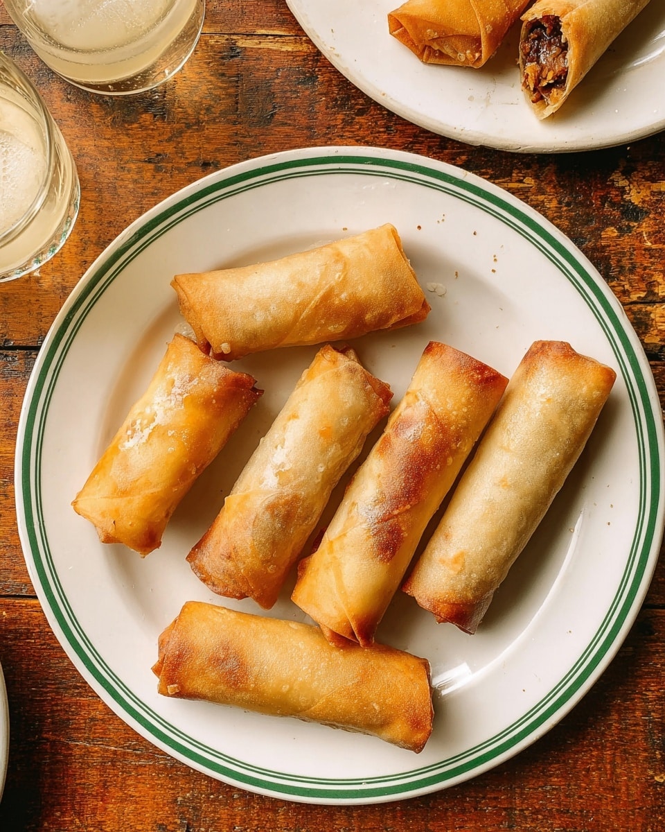 This image shows five golden brown spring rolls neatly placed in a slightly spread out circle on a white plate with two green rings near the edge. The spring rolls have a crispy, slightly blistered texture with some areas darker than others, indicating even frying. Around the main plate, a glass filled with a light fizzy drink is partially visible to the left, and a white bowl with a creamy dip is in the upper part of the image. Another white plate, partially shown at the top, holds more spring rolls, including one cut open to reveal a dark brown meat filling inside. The scene is set on a rustic wooden surface with a warm, natural tone. photo taken with an iphone --ar 4:5 --v 7