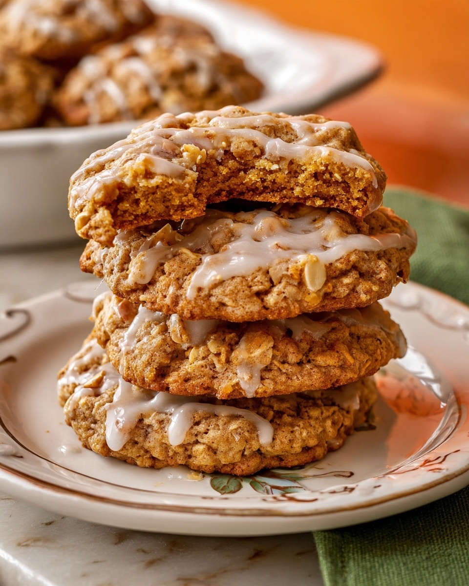 A stack of four oatmeal cookies sits on a white plate with a small decorative border, placed on a white marbled surface. The cookies are golden brown with a rough texture and oats visible throughout. The top cookie has a bite taken out, showing the soft and crumbly inside with bits of oats and nuts. Each cookie is drizzled with a light white glaze in uneven, shiny patches that catch the light. In the background, part of a white dish with more cookies is visible, and a green cloth napkin peeks out on the right side. The picture is warm and close-up, showing detailed textures of the cookies. Photo taken with an iphone --ar 4:5 --v 7