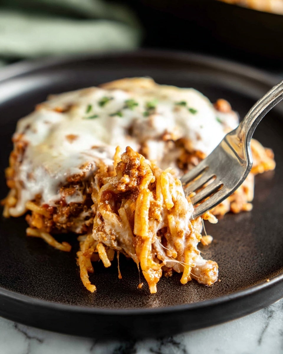 The dish shows a close-up of a piece of baked pasta casserole on a black plate, sitting on a white marbled surface. The casserole has two main layers: the bottom layer is a mix of spaghetti pasta with a reddish-brown tomato meat sauce, visible through its rough texture and small chunks of meat. On top is a thick, creamy white cheese sauce that covers the pasta unevenly, with slight melting and stretching. A silver fork picks up a portion of the casserole, lifting some strands of pasta with sauce and cheese. The photo is detailed with soft lighting that highlights the wet texture of the cheese sauce and the pasta underneath, photo taken with an iphone --ar 4:5 --v 7