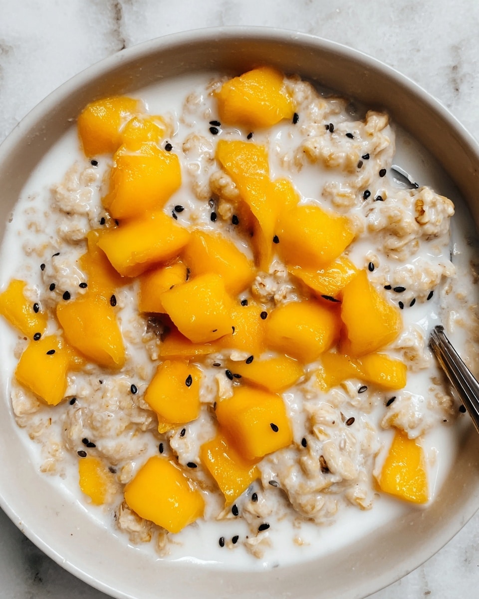 A close-up of a bowl of creamy oatmeal mixed with white milk, topped with bright orange mango cubes scattered evenly on the surface. The oatmeal has a soft, lumpy texture with black sesame seeds sprinkled throughout, adding small dark specks for contrast. A silver spoon is partly visible on the right side, gently resting in the bowl filled with the mixture. The scene is set against a white marbled texture, giving a clean and fresh feel. photo taken with an iphone --ar 4:5 --v 7