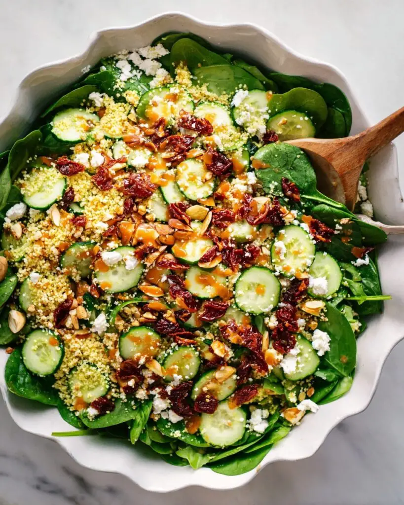 Mediterranean Couscous Salad with Sun-Dried Tomatoes, Cucumber, Spinach, and Lemon Dressing Recipe