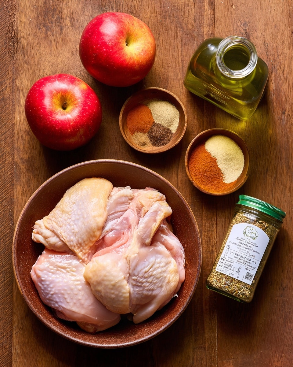 Two shiny red apples sit to the left on a brown wooden surface. In the middle, a small brown bowl holds four different spices in separate piles: light brown, dark red, beige, and orange. Below, a larger brown bowl contains several pieces of raw light pink chicken with soft skin and some visible fat. To the right, a green bottle of olive oil with a white label and a smaller jar of mixed spices with a white label stand next to each other. The overall setting is neat and warm. Photo taken with an iphone --ar 4:5 --v 7