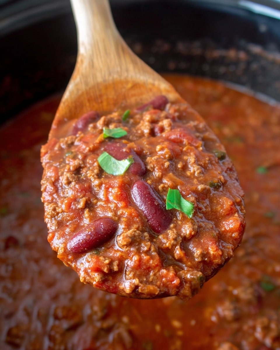 A large wooden spoon holds a thick, chunky stew with a reddish-brown color, showing visible pieces of kidney beans, ground meat, and small green leaves scattered on top. The stew is rich and slightly shiny, with a texture that looks soft and hearty. In the background, the stew sits inside a black pot, with more stew visible inside. The image is focused closely on the spoon and stew, with a white marbled surface blurred in the background photo taken with an iphone --ar 4:5 --v 7