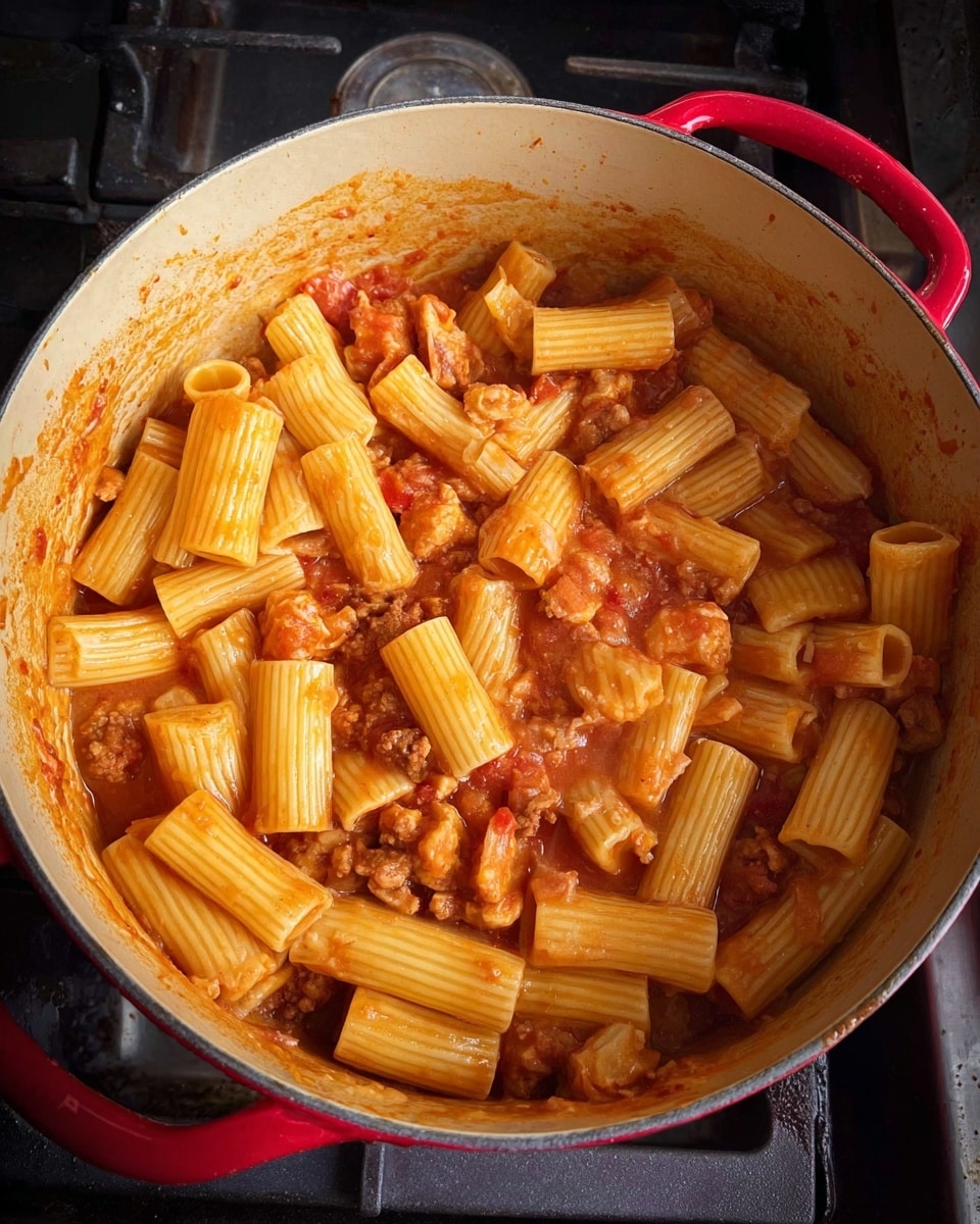 A large red pot with a beige inside holds a pasta dish. The pasta, rigatoni, is thick and tube-shaped, light yellow in color, and mixed with a chunky reddish-orange tomato sauce. There are small pieces of meat and bits of tomato visibly mixed into the sauce around the pasta. The inside sides of the pot have sauce stains. The pot sits on a stove with black burners. The overall look is warm and rustic. photo taken with an iphone --ar 4:5 --v 7