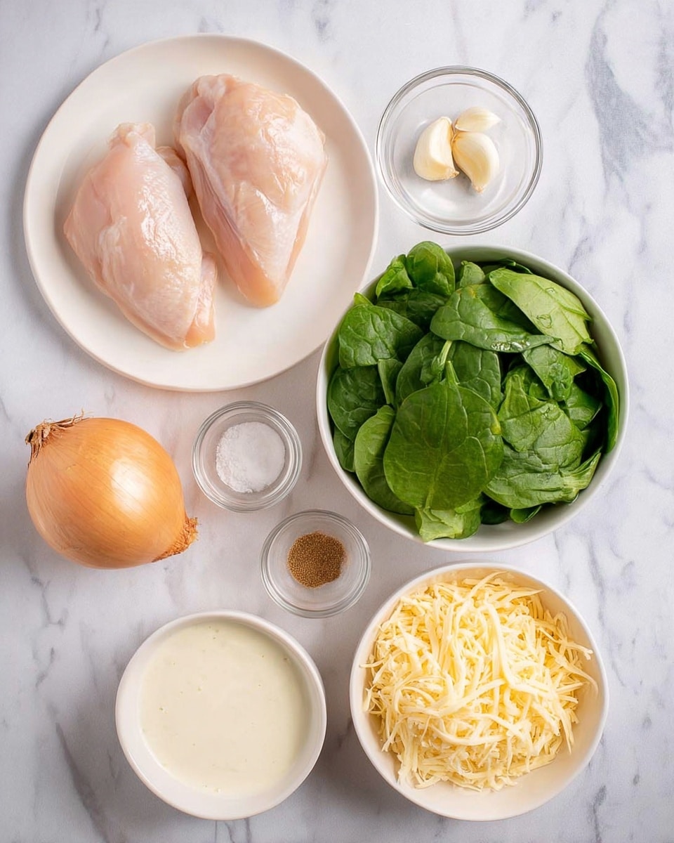 The image shows a white plate with two raw chicken pieces placed on the left side. Next to it, on the right, is a white bowl filled with fresh green spinach leaves. Below the chicken, there is a whole brown onion. Surrounding these are small clear glass bowls, one with a single garlic clove, one with a small amount of salt, and another with a brown powder spice. In the middle, a white bowl holds a creamy white sauce. Two white bowls at the bottom right contain shredded cheese of slightly different colors; one is pale yellow and the other is a bit more golden. All items rest on a white marbled surface. Photo taken with an iphone --ar 4:5 --v 7
