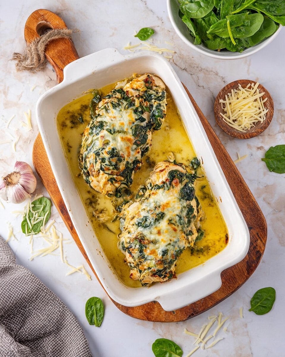Two large baked chicken breasts are placed side by side in a white rectangular dish filled with a yellow creamy sauce. The chicken is covered with a thick, uneven layer of melted cheese mixed with green spinach leaves, showing some golden brown spots from baking. The dish sits on a wooden board over a white marbled surface. Around the dish, there are scattered spinach leaves and shredded cheese, a white bowl with fresh green spinach to the top right, a small wooden plate holding garlic bulbs to the top left, and part of a grey textured cloth nearby. Photo taken with an iphone --ar 4:5 --v 7