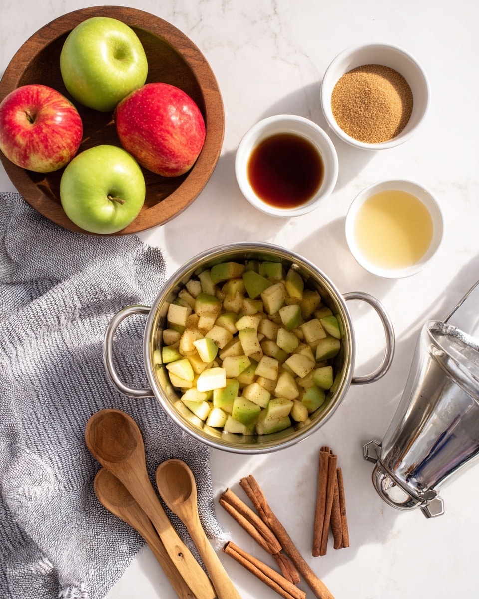 A metal pot filled with small chopped pieces of light yellow and green apples sits on a white marbled table. To the left, a round wooden bowl holds whole red and green apples, placed on a gray and white striped cloth. Above the pot, there are three white bowls: one with brown sugar, one with a dark brown liquid, and one with a pale yellow liquid, arranged from left to right. To the right side of the image, an old-fashioned metal hand mixer lies on the table. Below the pot, four light brown wooden measuring spoons are laid out in a fan shape, and next to them are three cinnamon sticks. The photo is bright with natural lighting, showing a clean and tidy kitchen setting. photo taken with an iphone --ar 4:5 --v 7