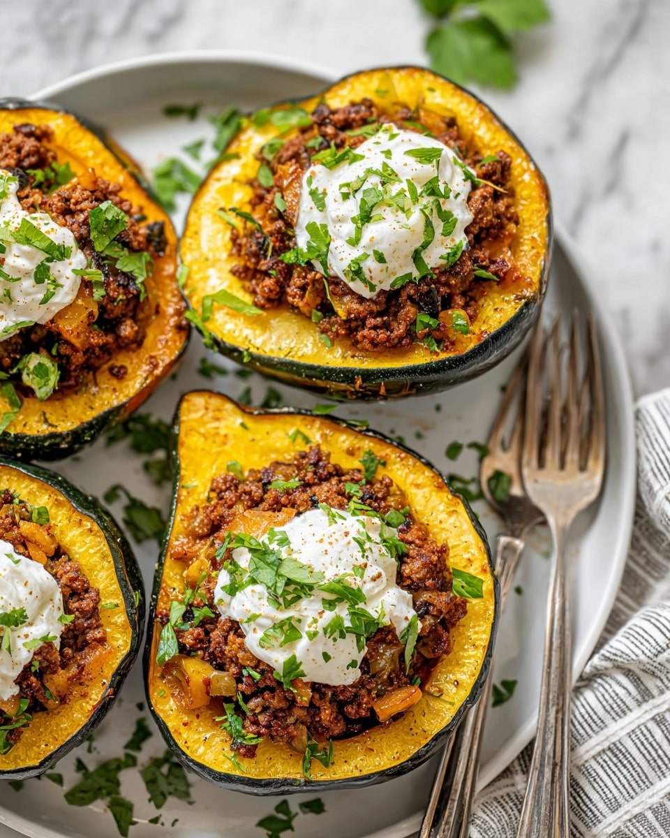The image shows a close-up of a dish with three halves of roasted squash with dark green edges and bright yellow interiors. Each squash half is filled with a layer of brown cooked ground meat mixed with small pieces of cooked vegetables and herbs. On top of this, there are several small dollops of white cream placed evenly around the filling, garnished with fresh green chopped herbs. The squash pieces are on a white plate with a white marbled texture background. A metal fork and a part of a striped cloth napkin are visible to the right side. Photo taken with an iphone --ar 4:5 --v 7