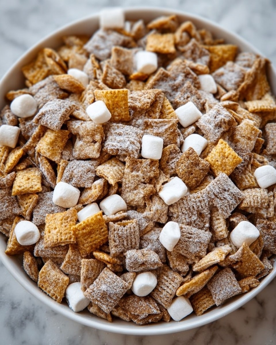 The image shows a close-up of a white bowl filled with a mix of cereal pieces and small white marshmallows. The cereal pieces are a combination of light brown, golden yellow, and darker brown squares with a dusting of white powder scattered all over them, giving a textured look. The marshmallows are small, rounded, and scattered evenly throughout the cereal mix. The bowl sits on a white marbled surface, creating a clean and bright backdrop. Photo taken with an iphone --ar 4:5 --v 7