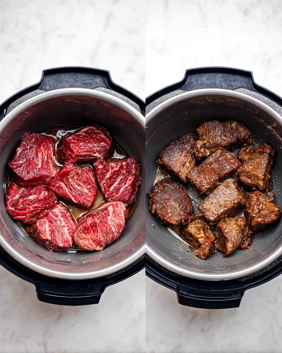 The image shows two round pots side by side on a white marbled surface. The left pot holds several raw, red beef pieces with light marbling and a slight shiny texture, arranged loosely with some oil underneath. The right pot contains smaller browned beef pieces, showing a seared, textured surface with caramelized edges and some oil residue on the pot's base. Both pots have a dark grey interior and black trim on the outside. photo taken with an iphone --ar 4:5 --v 7