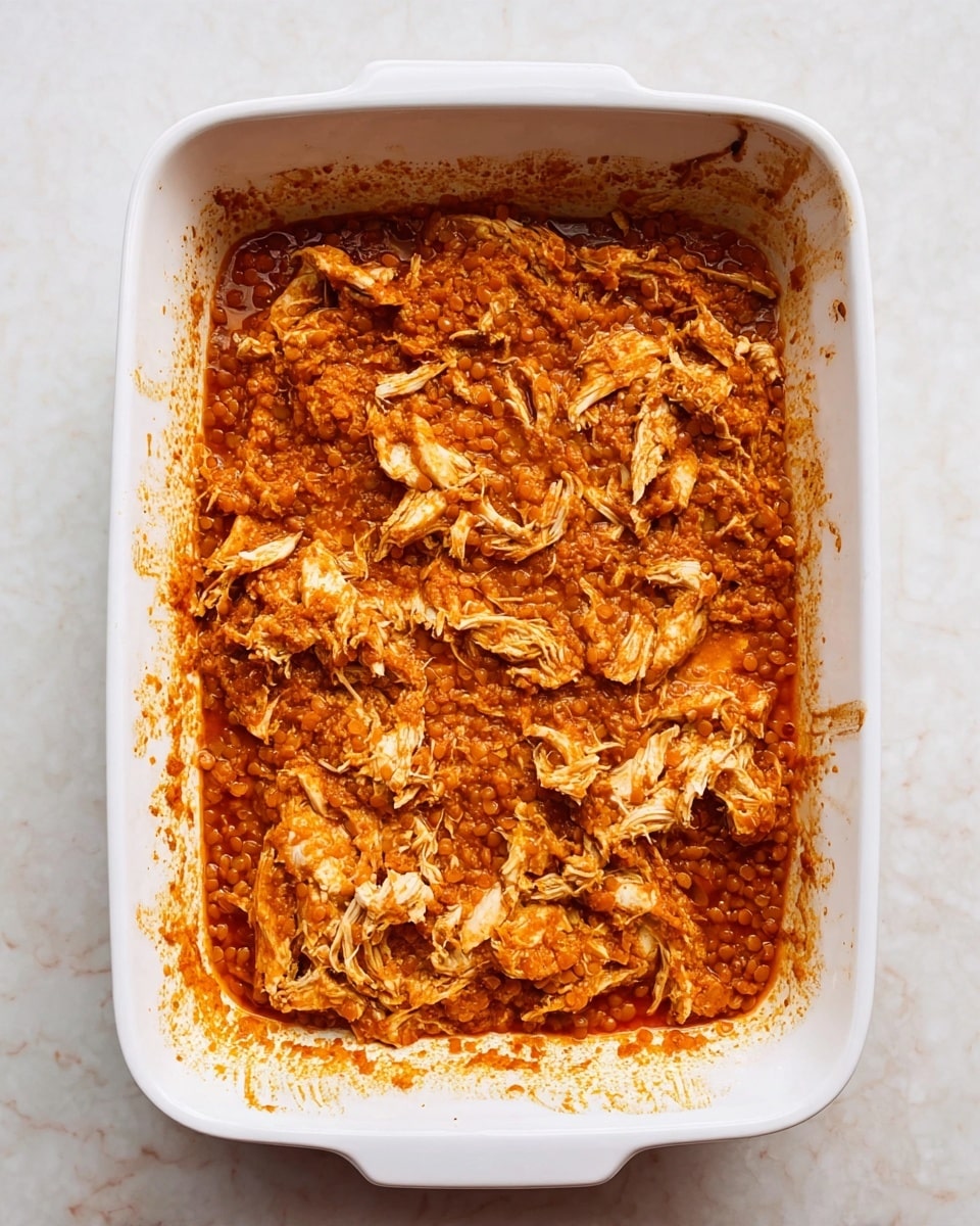 The image shows a white rectangular baking dish filled with one visible layer consisting of shredded white chicken pieces mixed with a thick, reddish-orange sauce containing small grains or lentils. The sauce has a rich texture, coating the chicken unevenly, and the edges of the dish show some sauce splatters and baked-on marks. The baking dish is set on a white marbled surface, and the photo is taken from above, clearly showing the filling inside the dish. photo taken with an iphone --ar 4:5 --v 7
