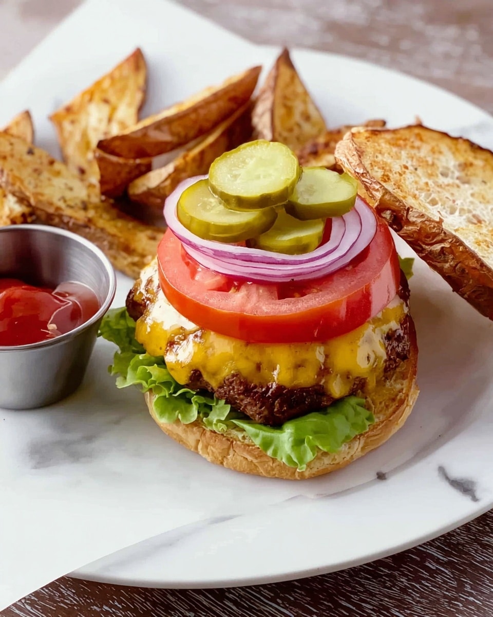 The image shows an open cheeseburger on the bottom half of a toasted bun placed on a white plate with a white marbled texture. The burger has a base layer of green lettuce, followed by a brown beef patty topped with melted yellow cheese. On top of the cheese are a slice of red tomato and a thin ring of purple onion. Four green pickle slices sit on the tomato. Around the plate, there are several large, thick, golden-brown potato wedges, with a small metallic cup filled with red ketchup placed near the top left of the plate. The scene is well-lit, giving a fresh and appetizing look. photo taken with an iphone --ar 4:5 --v 7