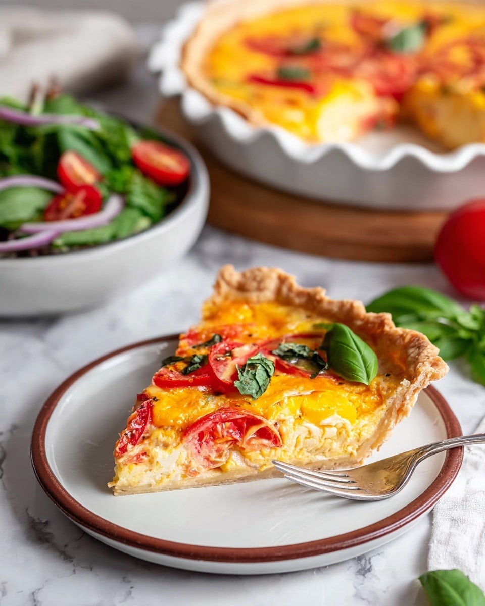 The image shows a slice of vegetable quiche on a white plate with a brown rim, placed on a white marbled surface. The quiche has three visible layers: a golden-brown thick crust at the bottom, a creamy light yellow filling mixed with small vegetable bits in the middle, and a top layer of bright yellow melted cheese with slices of red tomatoes and fresh green basil leaves on top. In the background, the remaining quiche is in a white round pie dish with scalloped edges, and a bowl of fresh green salad with red cherry tomatoes and onion slices is also visible. A silver fork lies on the plate next to the quiche slice. photo taken with an iphone --ar 4:5 --v 7