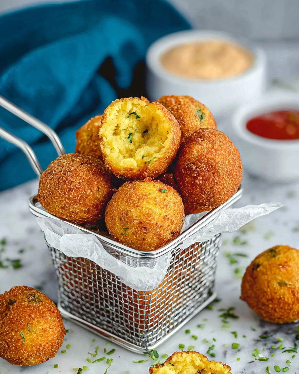A small white metal basket filled with golden brown, crispy round fritters, one split open at the front showing a soft yellow inside with green herbs. The basket sits on a white marbled surface scattered with small green herb pieces and a few more fritters around it. In the background, a blue cloth adds contrast, and there are two white bowls, one with red sauce and another with a creamy beige sauce, slightly blurred. Photo taken with an iphone --ar 4:5 --v 7