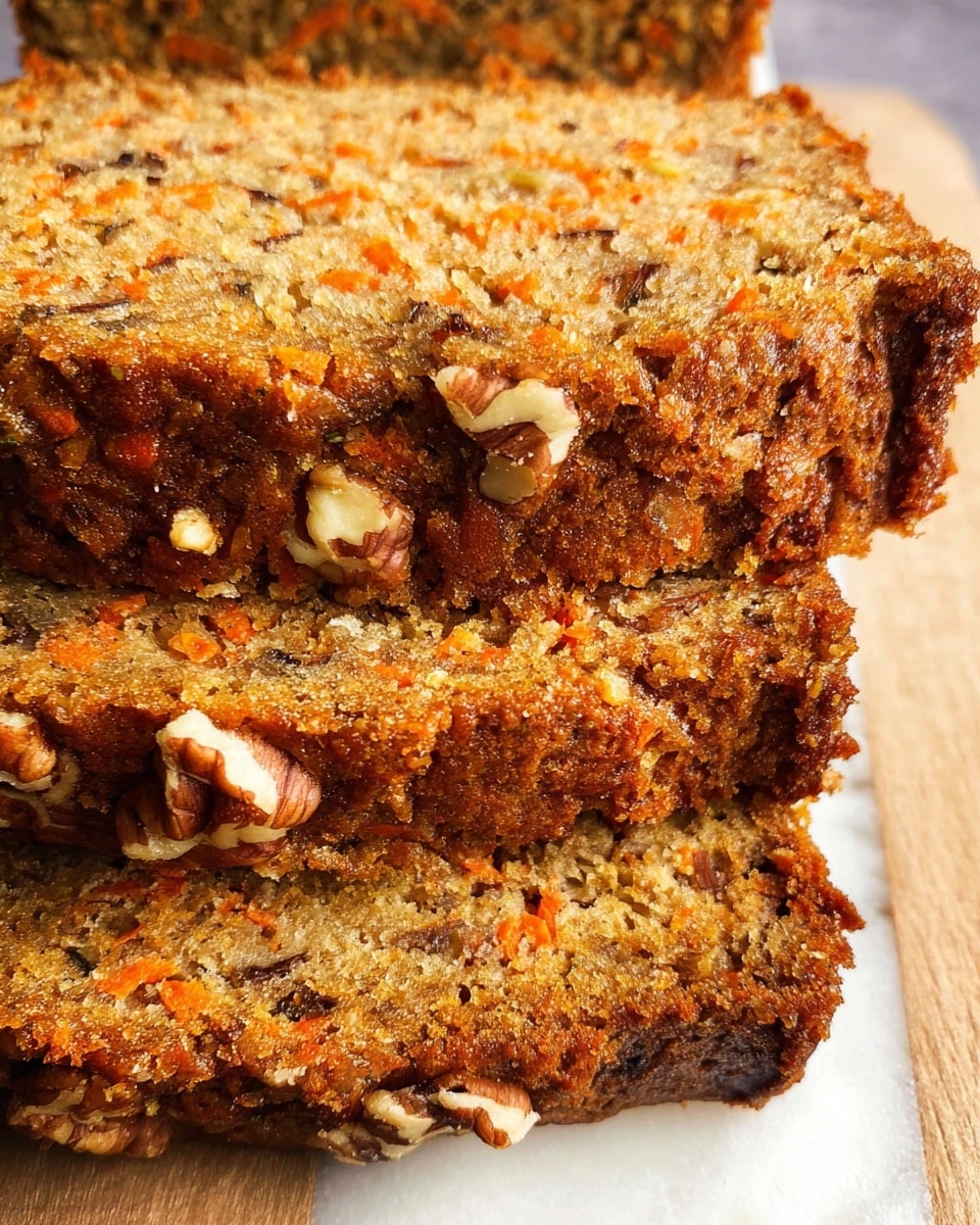 A close-up view of three thick slices of moist carrot nut bread stacked slightly on a white marbled surface; the bread has a light brown crumb with small orange carrot bits and dark brown nut pieces scattered inside, the crust is a darker golden brown, rough-textured with visible whole nuts embedded near the edge. Photo taken with an iphone --ar 4:5 --v 7