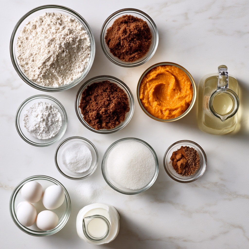 The image shows a top view of various baking ingredients arranged neatly on a white marbled surface. There are eleven clear glass bowls and one glass jug, each containing a different ingredient: a large bowl of white flour at the top left, a smaller bowl with white baking powder just below it, and a medium bowl with dark brown sugar to the right. Next to these, there is an open can filled with vibrant orange pumpkin puree, and to the right of that a glass jug filled with pale yellow canola oil. Below these, there is a small bowl with white salt, a bowl with bright white sugar, and a small bowl with mixed brown spices (cinnamon, nutmeg, and cloves) placed close together. The bottom left corner has a bowl with four white eggs, a small bowl of baking soda, and a jug of white milk. Each bowl and container is labeled with bold black text on white rectangles for easy identification. The whole setup is clean and organized, showcasing the ingredients clearly for making bars, photo taken with an iphone --ar 4:5 --v 7