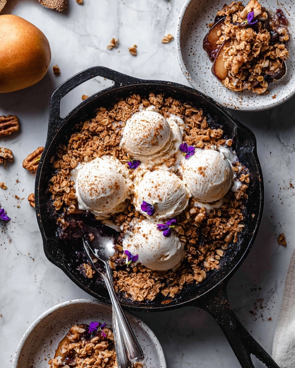 In the black cast iron skillet, there is a dessert with three layers: the bottom layer is a dark fruit filling that is mostly covered by a thick, crumbly brown topping made of granola-like clusters and pieces of walnuts. On top of this crumbly layer, three scoops of melting white ice cream spread creamy white streaks down the sides, dusted lightly with brown cinnamon powder and small purple flower petals. Beside the skillet is a white bowl on a white speckled plate, filled with the same dessert showing the crumbly topping, walnuts, and melted ice cream. Two silver spoons rest inside the skillet on the bottom right edge. The background is a white marbled surface with a few scattered walnut pieces and a round brown pear near the top. photo taken with an iphone --ar 4:5 --v 7