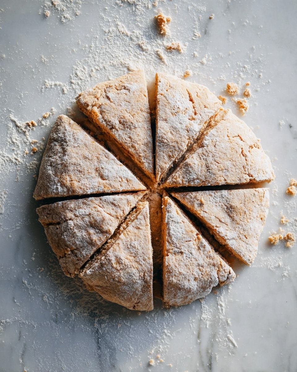 A round raw dough is placed on a white marbled surface, dusted with flour. The dough is divided into eight triangular pieces with rough edges and a slightly cracked texture. The surface of the dough is light brown with a floury powder coating, and some crumbs and flour are scattered around it on the white marbled background. photo taken with an iphone --ar 4:5 --v 7