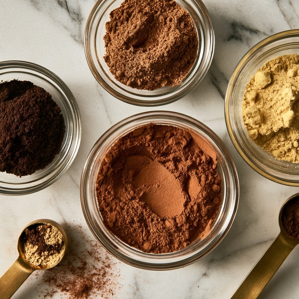 The image shows five clear glass bowls filled with different ground spices arranged on a white marbled surface. The largest bowl in the center contains fine, reddish-brown cinnamon powder with a slightly uneven surface. Above it, a smaller bowl holds a medium brown nutmeg powder. To the left, another small bowl contains very dark brown allspice, almost black, with a coarse texture. To the right, a bowl with pale yellow ginger powder has some small clumps. There are two brass measuring spoons on the marble: one near the bottom left holds a mix of light and dark powders, and another near the bottom right holds a small amount of dark powder. Spilled spices lightly dust the surface near the spoons. Each bowl is labeled with bold black text naming the spice. Photo taken with an iphone --ar 4:5 --v 7