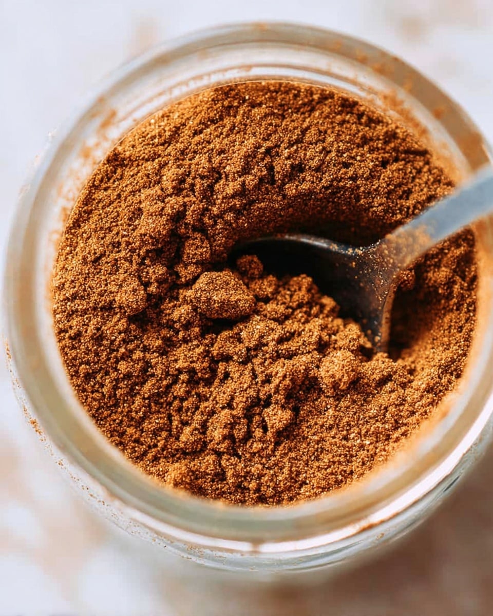 The image shows a close-up view of a clear glass jar filled with finely ground brown spice powder. The powder has a slightly grainy texture with tiny clumps, and a spoon is partially submerged on the right side, creating a small indentation in the powder. The background has a white marbled texture that softly contrasts with the rich brown color of the spice, giving the scene a clean and bright look. photo taken with an iphone --ar 4:5 --v 7