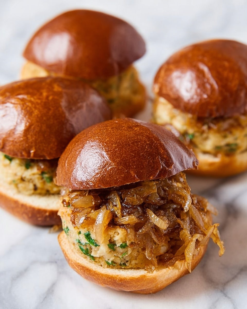 The image shows three small sandwiches on a white marbled surface. Each sandwich has a shiny, smooth brown bun on top and bottom. Inside, there is a thick, light-colored patty mixed with green herbs, topped with a golden-brown pile of cooked onions that look soft and slightly glossy. The sandwich in the front has its top bun leaning to the side, clearly showing the layers inside. Photo taken with an iphone --ar 4:5 --v 7