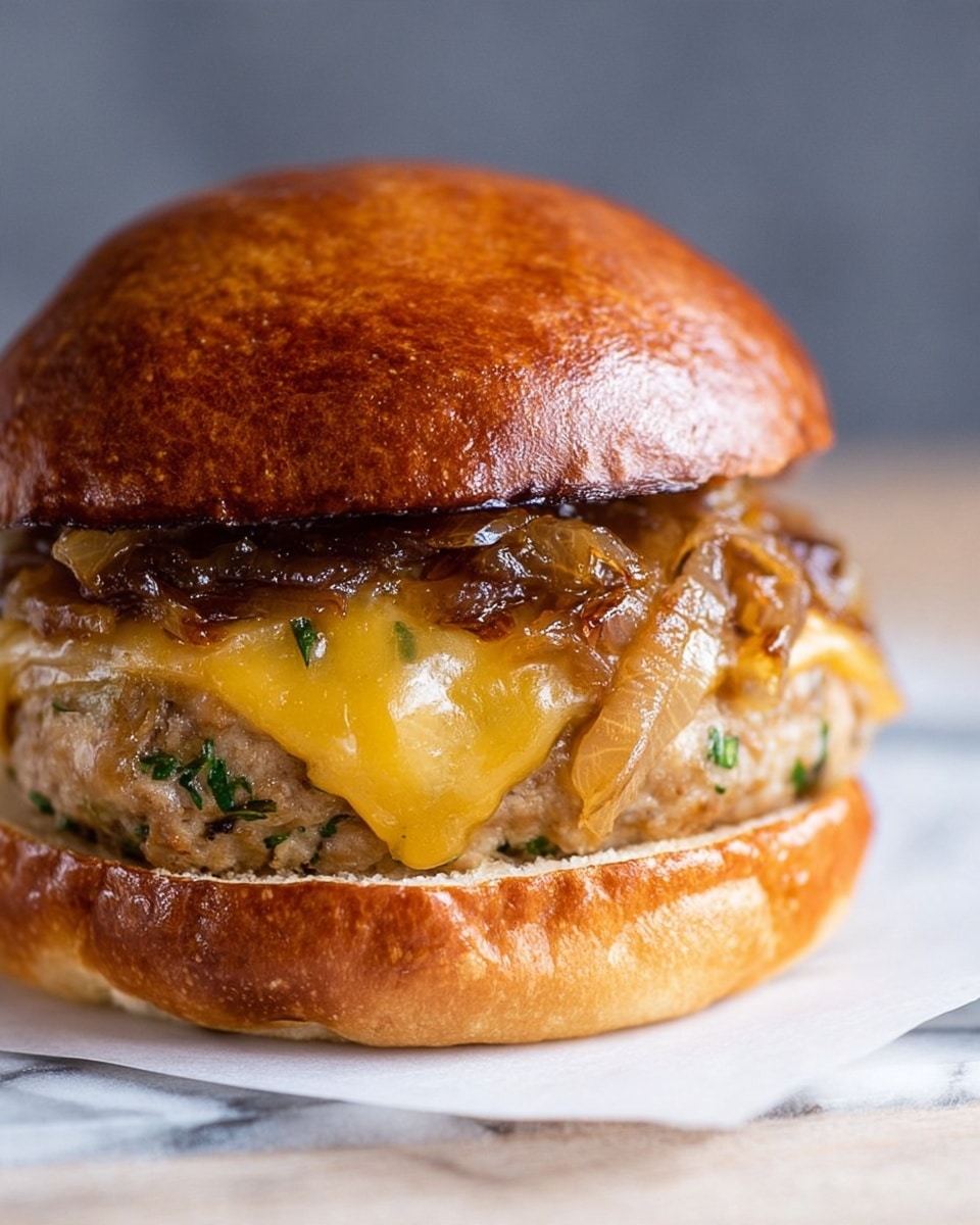 This image shows a close-up of a sandwich with three main layers inside a shiny, golden-brown bun with a soft texture and slightly glossy top. The bottom layer is a thick, cooked patty mixed with herbs giving it a light beige color speckled with green. On top of the patty is a melted yellow cheese that looks smooth and slightly oily. The top layer has caramelized onions that look soft and shiny with a dark golden-brown color. The sandwich sits on a white marbled surface with a bit of white paper underneath. photo taken with an iphone --ar 4:5 --v 7