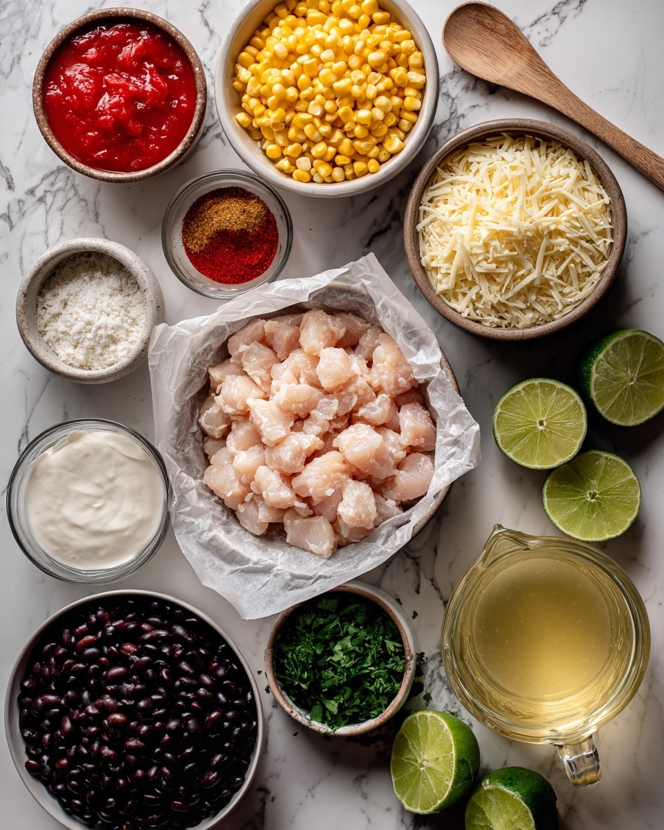 A top view of various cooking ingredients arranged on a white marbled surface, including a large round bowl lined with parchment paper full of light pink raw chicken chunks in the center, a medium round bowl of bright yellow corn, another bowl with white long grain rice, a small open can with red rotel tomatoes, a small bowl of minced garlic, a bowl with reddish-brown taco seasoning with a small wooden spoon, a bowl of shredded pepper jack cheese in off-white, a bowl of finely chopped green cilantro, a bowl of smooth white sour cream, a clear glass measuring cup filled with light golden chicken broth, a bowl full of shiny black beans, and two lime halves with light green and yellow skins placed next to each other on the bottom right, photo taken with an iphone --ar 4:5 --v 7