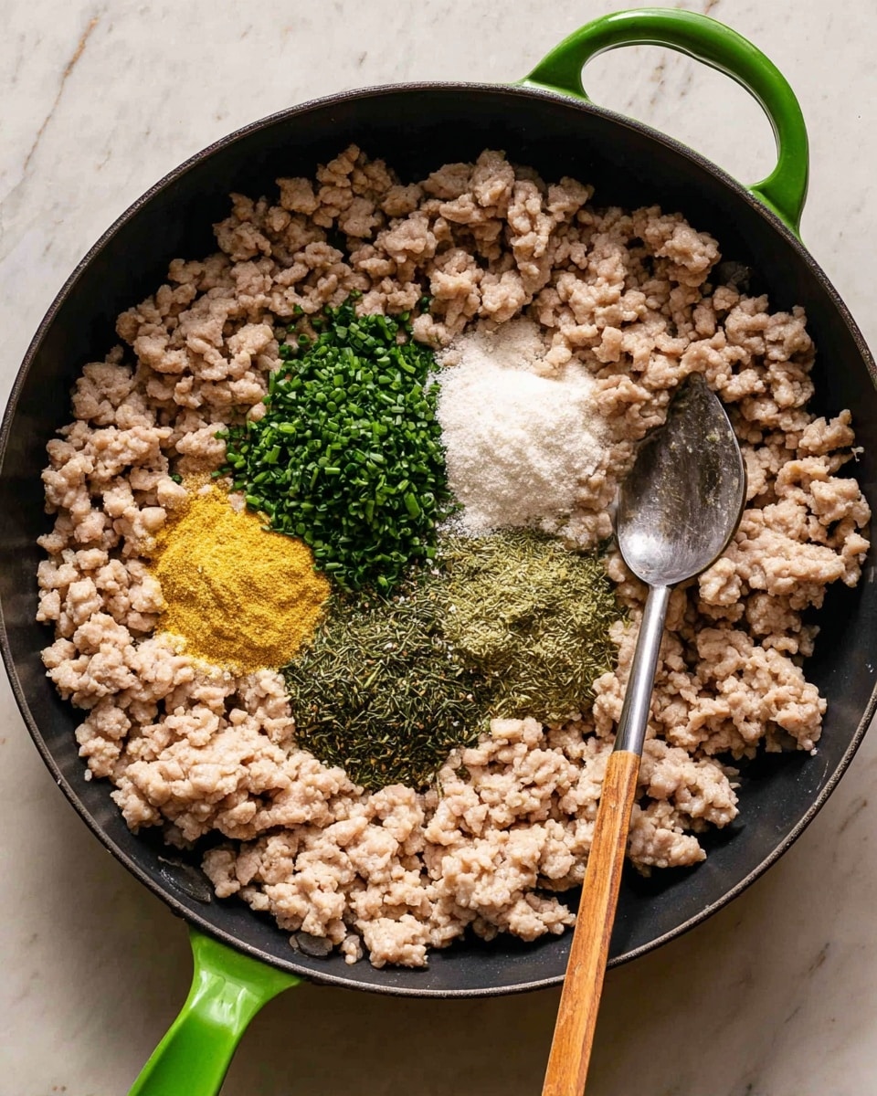 The image shows a black pan with a green handle filled with cooked ground meat in beige color. In the center of the pan, there are four piles of seasonings: white salt, yellow garlic powder, green chopped chives, and dark green dried dill. A metal spoon with a wooden handle rests in the pan on the right side of the seasonings. The pan is placed on a white marbled surface. photo taken with an iphone --ar 4:5 --v 7
