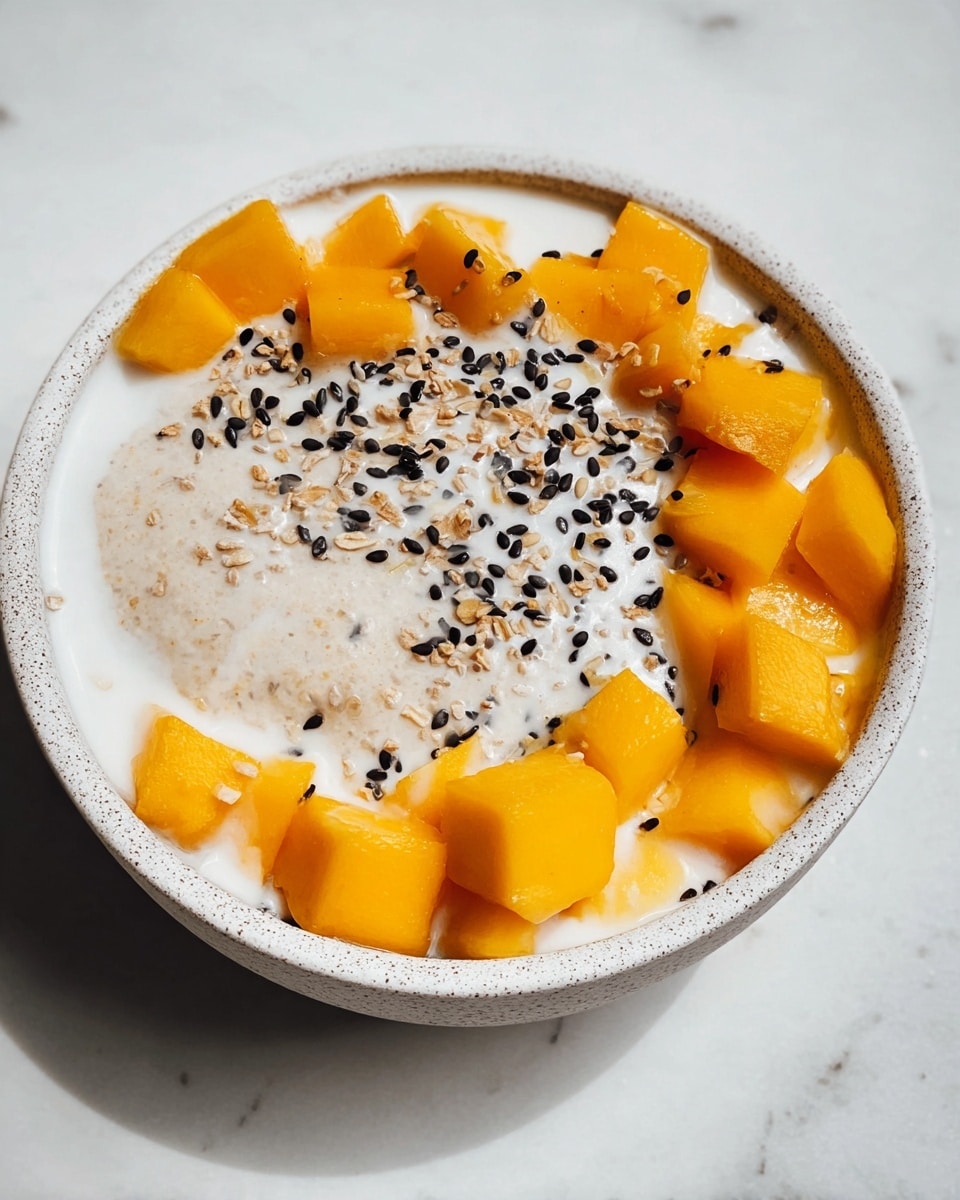 A white speckled bowl holds a three-layer dish on a white marbled surface. The bottom layer consists of small bright orange mango cubes arranged in a ring along the inner edge of the bowl. The middle layer is a creamy white liquid that partly covers the mango cubes. The top layer in the center shows a thick oatmeal or porridge texture with a light beige color, topped with scattered small black sesame seeds. The creamy white liquid also drizzles slightly over the oatmeal and mango cubes. photo taken with an iphone --ar 4:5 --v 7