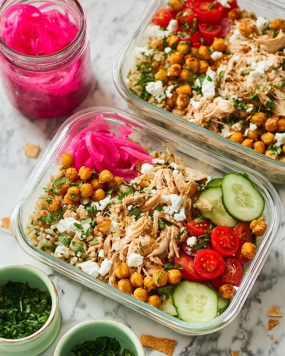 The image shows two white rectangular glass containers filled with layered salad bowls placed on a white marbled surface. Each container has a bottom layer of brown rice mixed with some quinoa, topped with a layer of light shredded chicken on one side. Next to the chicken, there are thin slices of bright red cherry tomatoes and fresh green cucumber slices. On top, there is a scattering of golden roasted chickpeas and small pieces of broken crispy pita chips. The salad is sprinkled with crumbled white cheese and finely chopped fresh green herbs, with some pickled pink onions adding a splash of color. A small green bowl of chopped herbs and a jar of pickled pink onions sit nearby on the white marbled surface. photo taken with an iphone --ar 4:5 --v 7