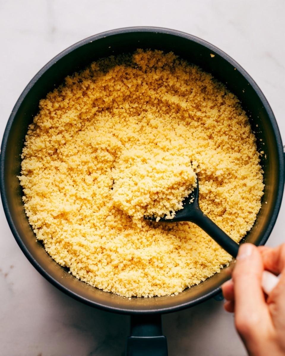 A black pot filled with cooked couscous that has a soft, fluffy texture and a warm yellow color. The couscous forms an even layer inside the pot, and a black spoon is stirring it on the right side. A woman's hand is holding the spoon, partially visible on the right edge of the image. The pot sits on a white marbled surface. photo taken with an iphone --ar 4:5 --v 7