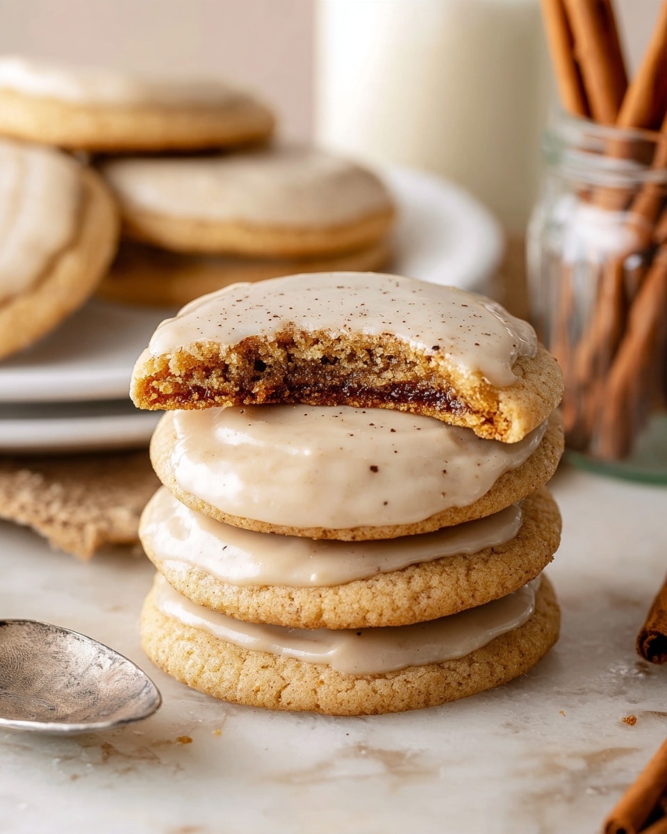 A stack of four round cookies with light brown and slightly cracked edges sit on a white marbled surface. Each cookie has a smooth layer of light beige icing on top with small specks visible in the icing. The top cookie is bitten, revealing a darker brown, soft inside with crumbly texture. In the background, a white plate holds more cookies mainly out of focus on a white marbled surface. Next to the stack, a glass jar holds cinnamon sticks and a glass of milk is partially visible. A silver spoon with some icing on it lies on the white marbled surface near the cookies. photo taken with an iphone --ar 4:5 --v 7