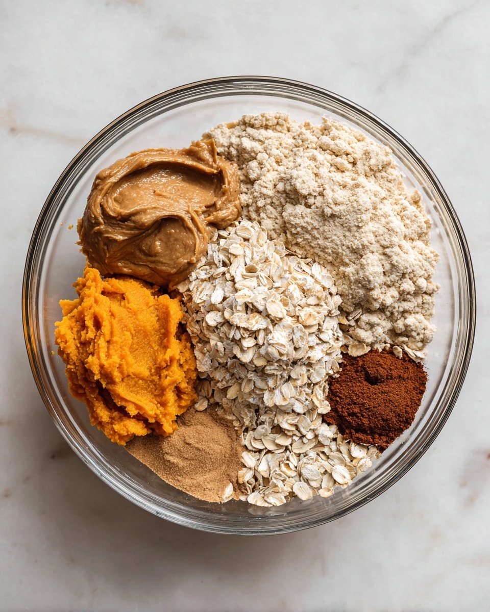 A clear glass bowl sits on a white marbled surface filled with six different ingredients arranged neatly inside. Starting from the left, there is a thick dollop of smooth almond butter in dark brown, followed by a scoop of bright orange pumpkin puree below it. At the top right, a large heap of pale beige protein powder is placed next to a mound of light beige oats. Between these, a small splash of vanilla extract adds a rich amber color, and a small pile of ground cinnamon in dark brown is positioned near the bottom right of the oats. Each ingredient remains separate, showing different colors and textures clearly. Photo taken with an iphone --ar 4:5 --v 7