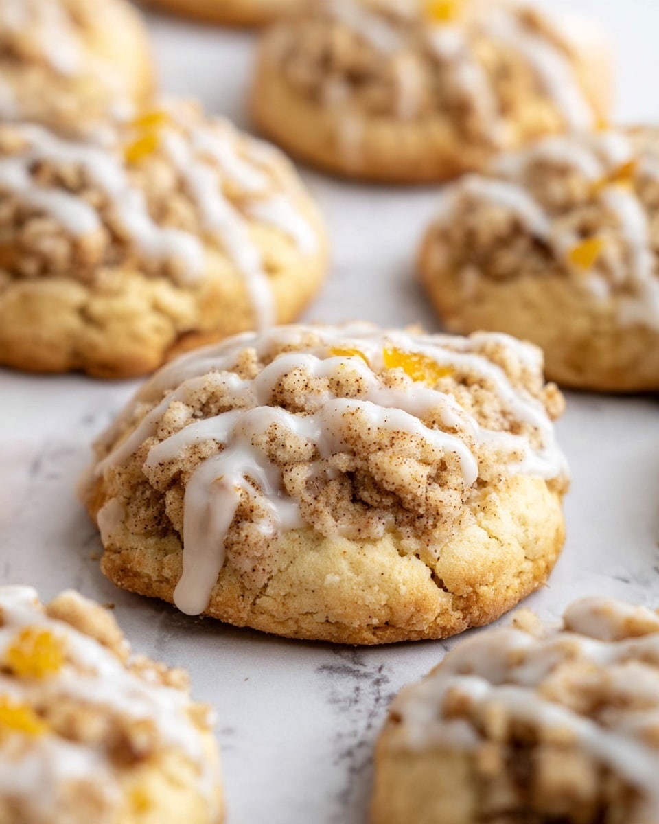 The image shows soft round cookies arranged on a surface with a white marbled texture. Each cookie has two layers: the base layer is thick and light golden with a soft texture, while the top layer is a crumbly streusel mix in light brown with small darker spices mixed in. Light creamy white glaze is drizzled over the crumbly topping, adding a glossy and smooth texture to the cookies. Some pieces of orange-yellow bits peek through the dough near the edges, adding color contrast. The focus is on the front cookie with others softly blurred in the background. photo taken with an iphone --ar 4:5 --v 7