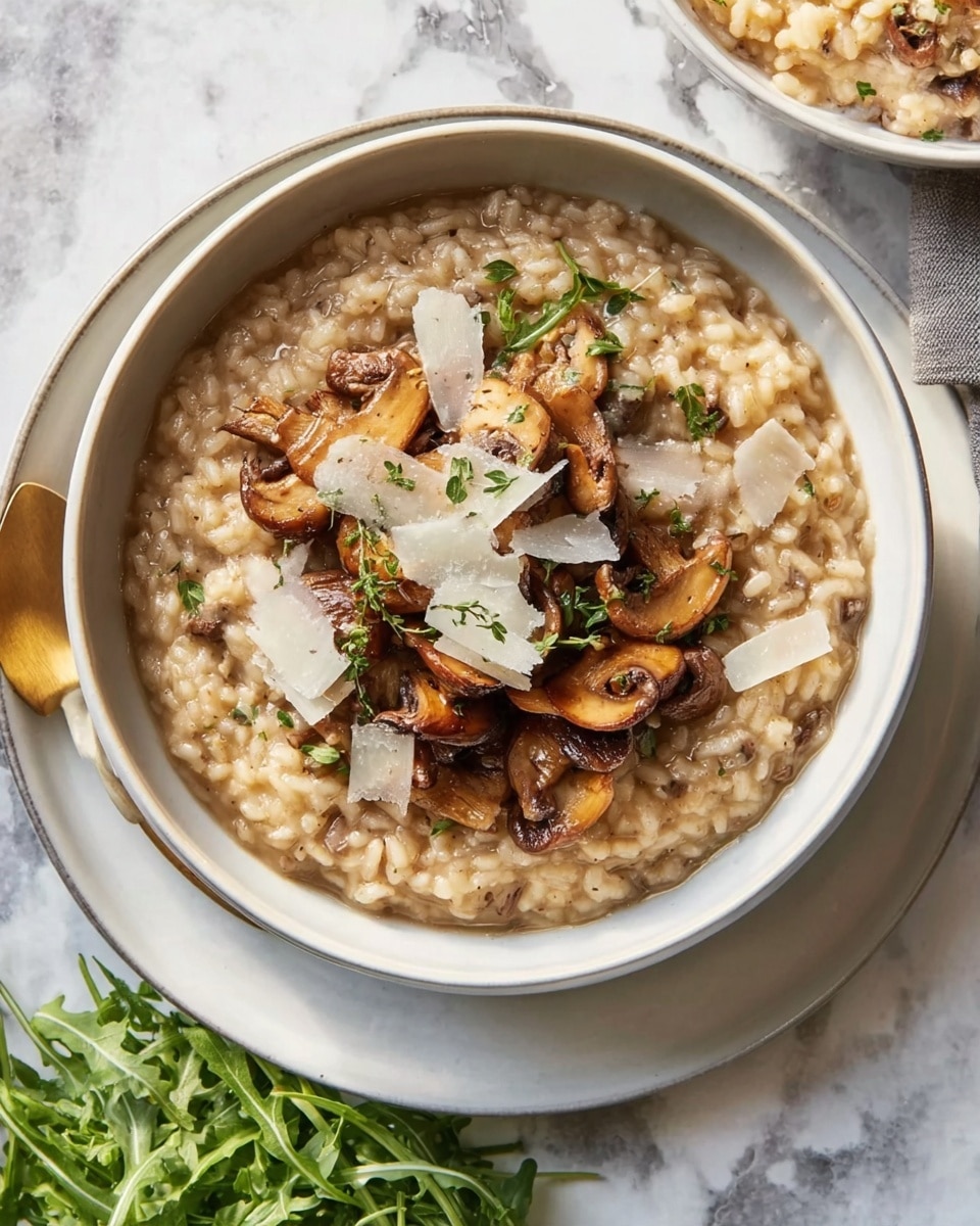 The image shows a bowl of creamy mushroom risotto placed on a white marbled surface. The risotto has a thick, slightly glossy texture with light brown rice mixed with small pieces of mushrooms. On top, there is a generous layer of golden-brown sautéed mushrooms arranged neatly in the center with thin, translucent white cheese shavings scattered over them. Fresh green herbs add a subtle touch of color on top. The bowl is white and set on a matching white plate with a small pile of leafy green arugula beside it. The bright lighting highlights the rich colors and textures of the dish, creating an inviting and warm look. Photo taken with an iphone --ar 4:5 --v 7
