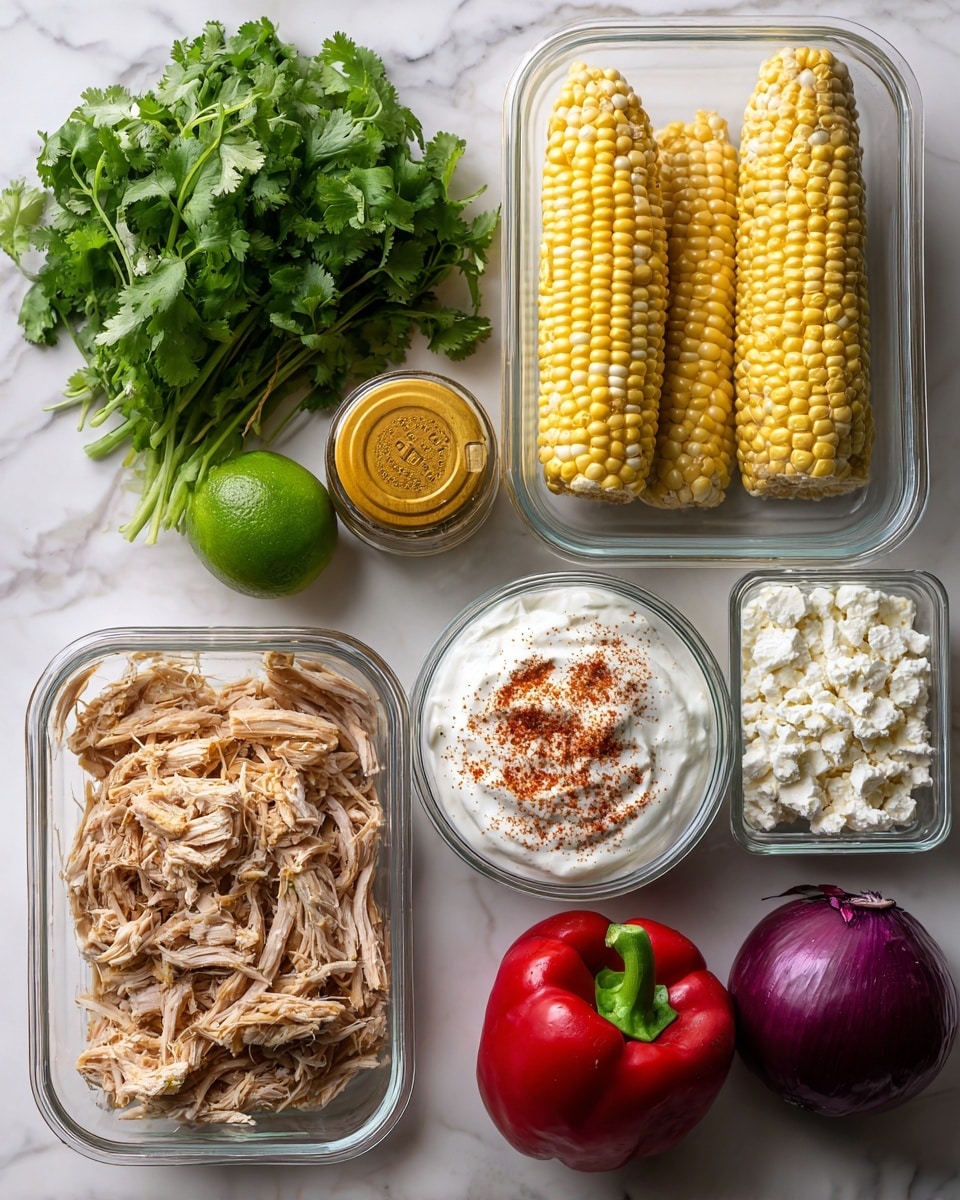 The image shows several ingredients for a dish laid out on a white marbled surface. At the bottom left is a clear rectangular glass container filled with shredded cooked chicken, light brown and white in color. Above it is a bunch of fresh green cilantro with a yellow spice jar resting on top of it. To the top right of the cilantro is another clear rectangular glass container holding five whole ears of yellow and white corn. A whole bright green lime sits near the center of the image. To the right of the lime, a clear bowl contains white Greek yogurt topped with various reddish-brown and white seasonings mixed in layers. To the right of the bowl is a square container of white crumbled feta cheese with a green label. Below that is a whole red bell pepper with a green stem. In the top right corner, there is an unpeeled red onion with purple and white outer skin. All the items are arranged neatly and clearly visible. Photo taken with an iphone --ar 4:5 --v 7